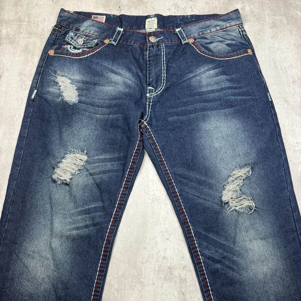 True Religion Jeans Mens 40x36 Blue Denim Straight Leg Flap Pockets Thick Stitch